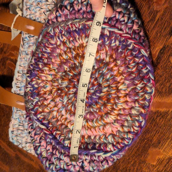 NWT! Handmade Crochet Multicolor Market Basket Tote Tan Faux Leather Straps - Picture 5 of 8